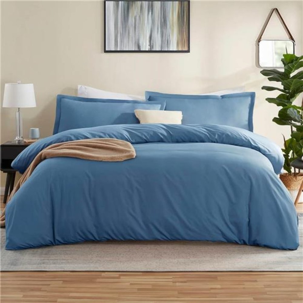 Blue Duvet Cover Queen Size - Cover Set, 3 Piece Double Brushed w Button Closure